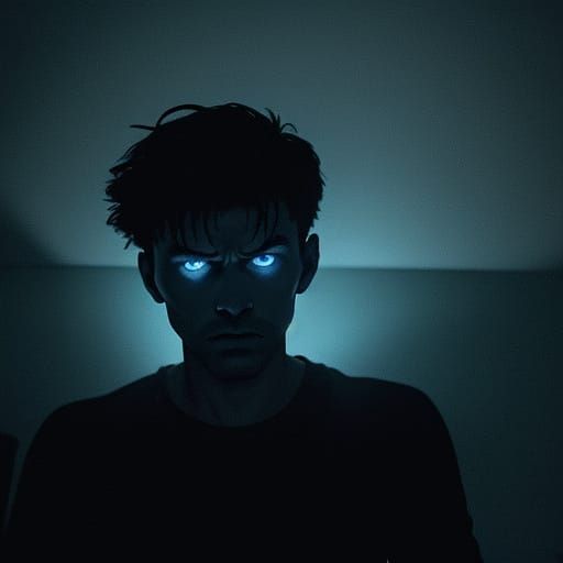 Scared Boy Illuminated by Phone Screen in Dark Room