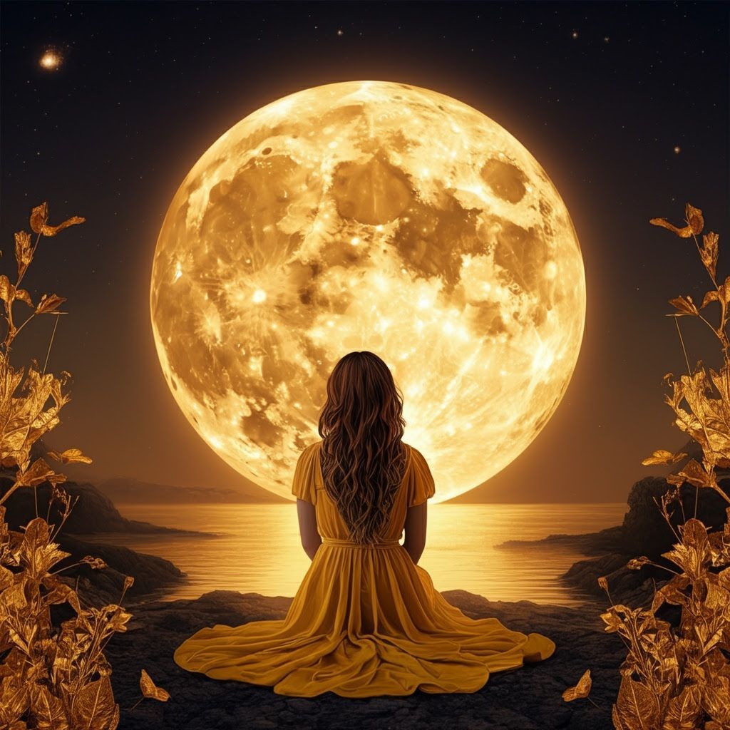 Ethereal Fantasy: Person Gazing at Golden Moon