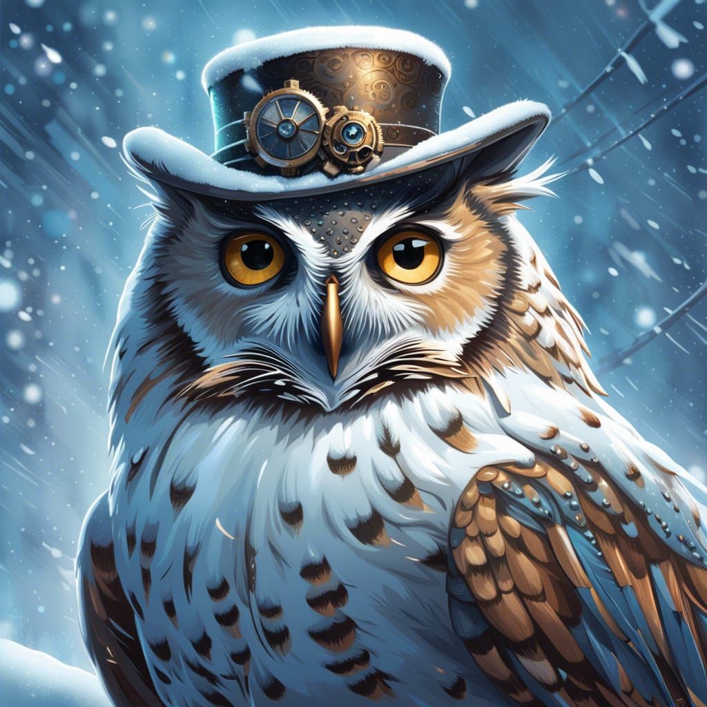 Whimsical steampunk mechanical friendly owl on, owl covered in snow in a massive blizzard, heavy snow ...  by @G-host