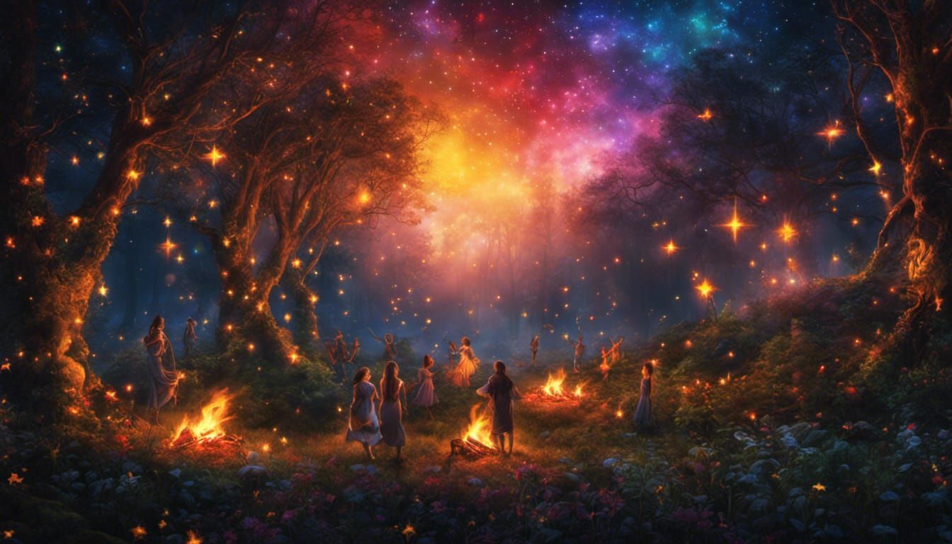 Imaginary forest, forest fairies dancing around the fire, night time with colourful stars in the sky, Epic cinematic brilliant stunning intr...