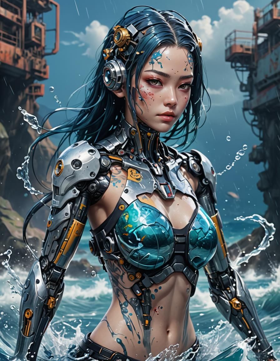 Portrait cyborg lady aquatic with tattoo in his body, ocean splashing oil  paint background, By artist 