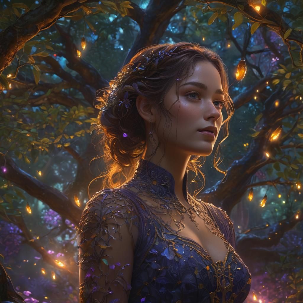 Mysterious Woman in a Magical Glowing Garden