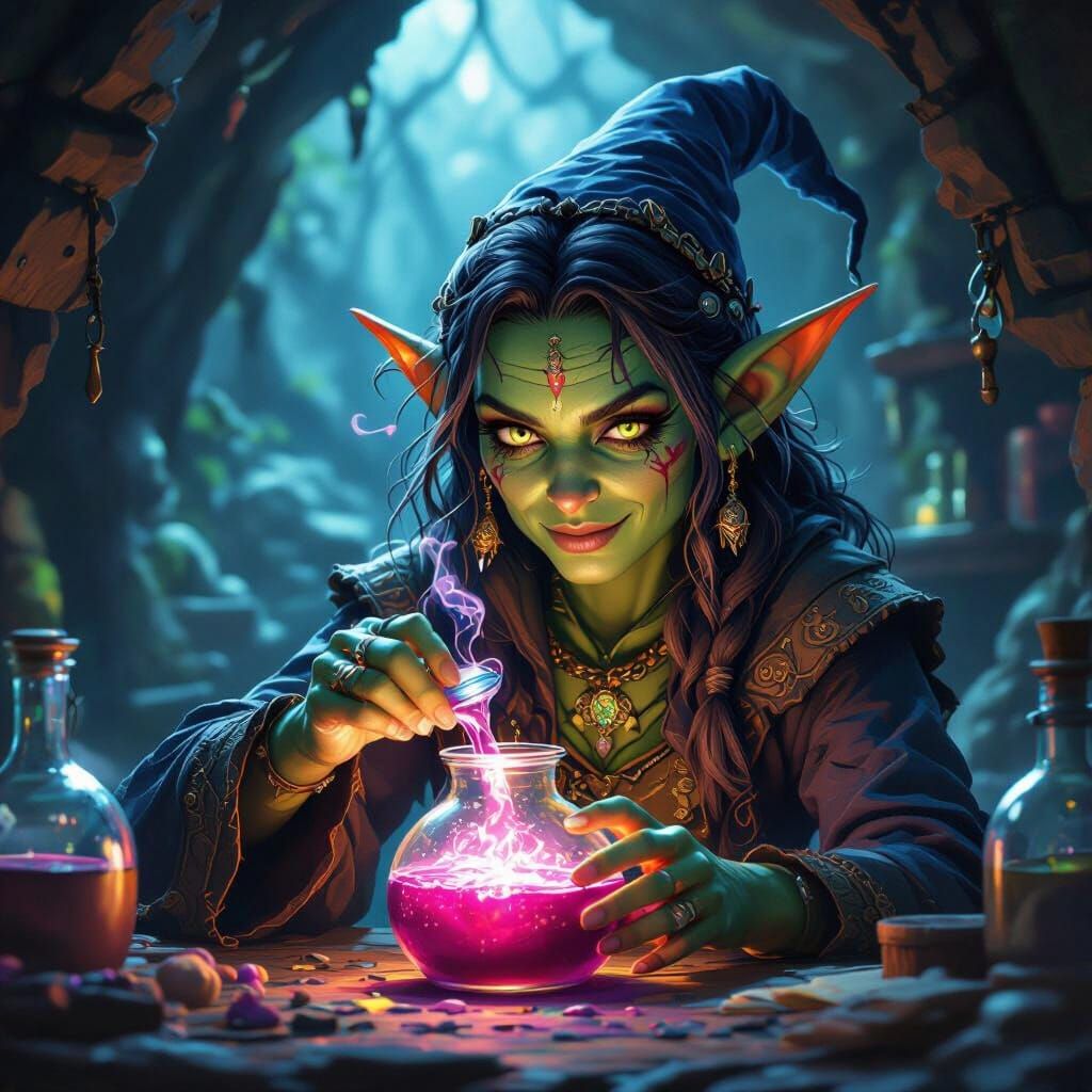 Goblin female wizard mixing potion in cave laboratory 