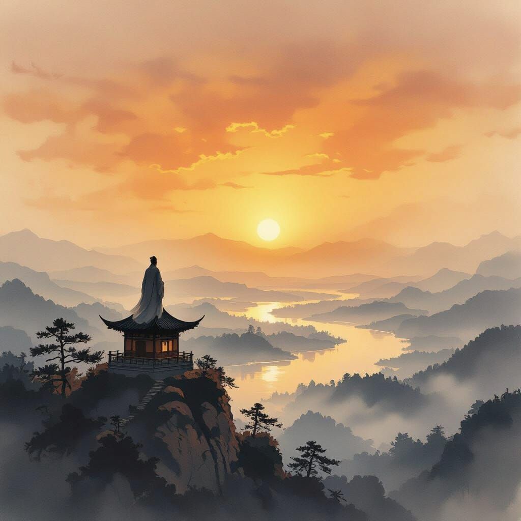 Poet Gazes at Stork Tower Panorama in Chinese Ink Style