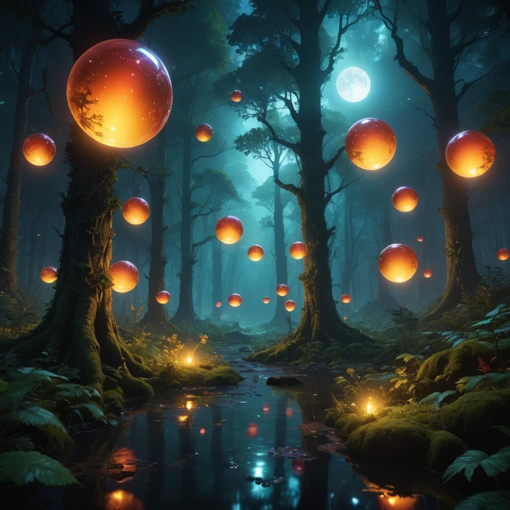 Floating glowing orbs in a magical forest at night , rainbow...