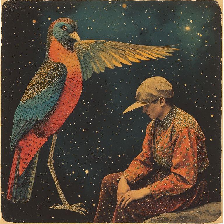 sitting alongside a large, colorful bird