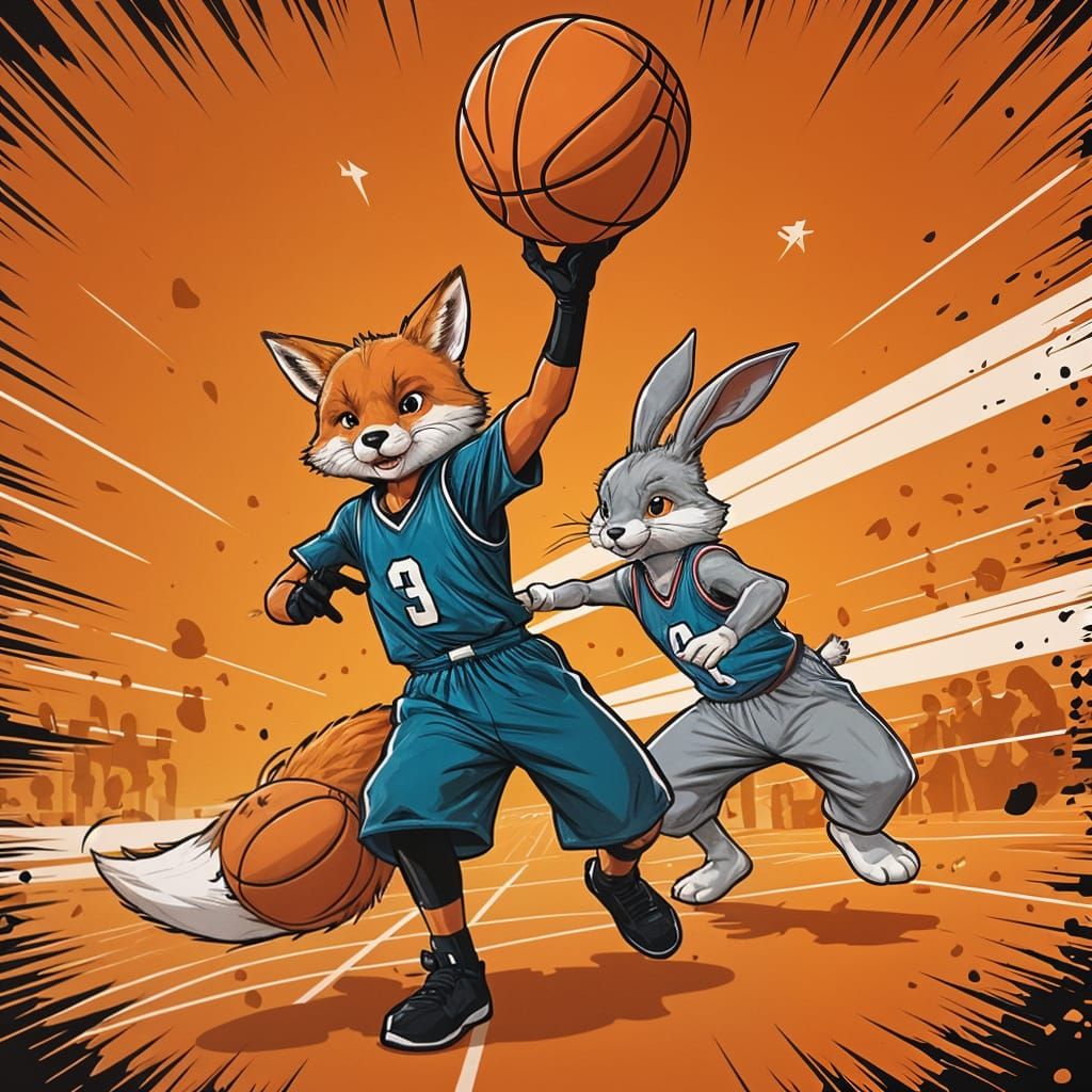 Fox and Rabbit playing one vs one basketball
