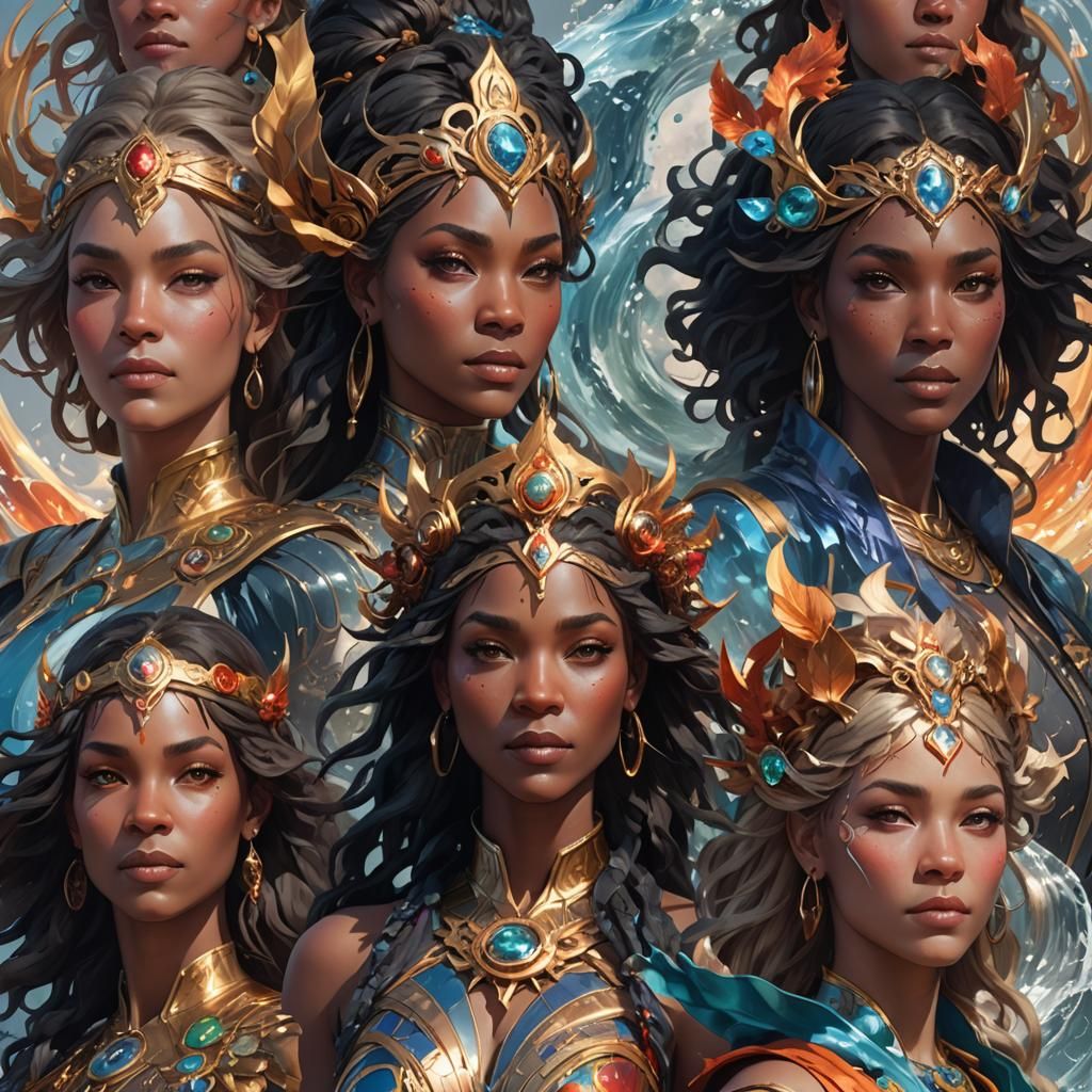 earth, wind, Fire and Water elements as women