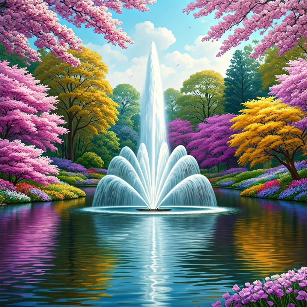 Lake Fountain Surrounded by Colorful Trees in Art Nouveau St...