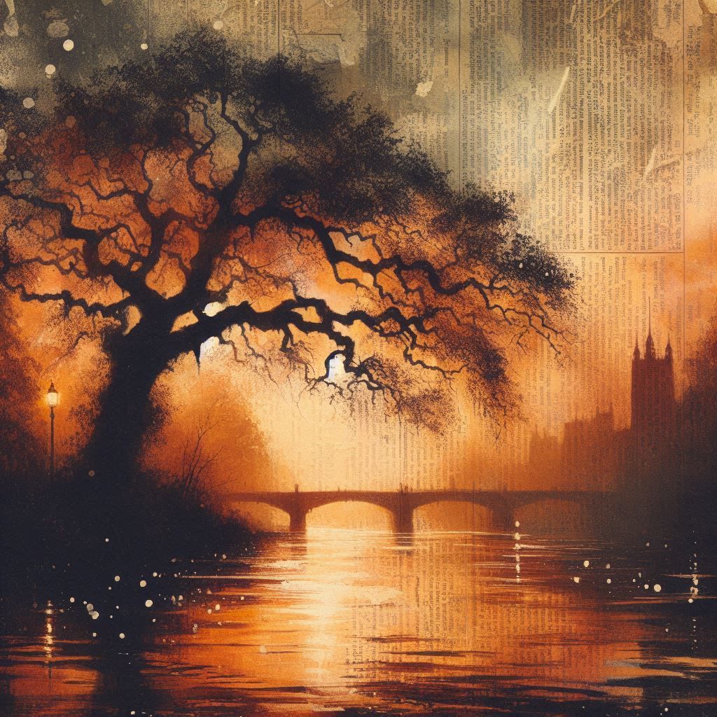 The Oak Tree by the River, Painted on Newspaper