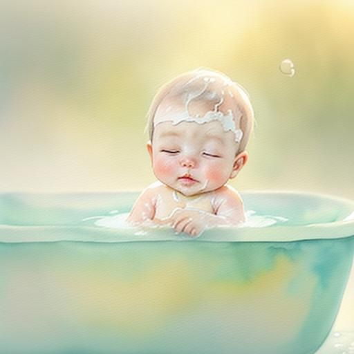 Watercolor painting. Close-up. Baby in bathtub splashing wat...