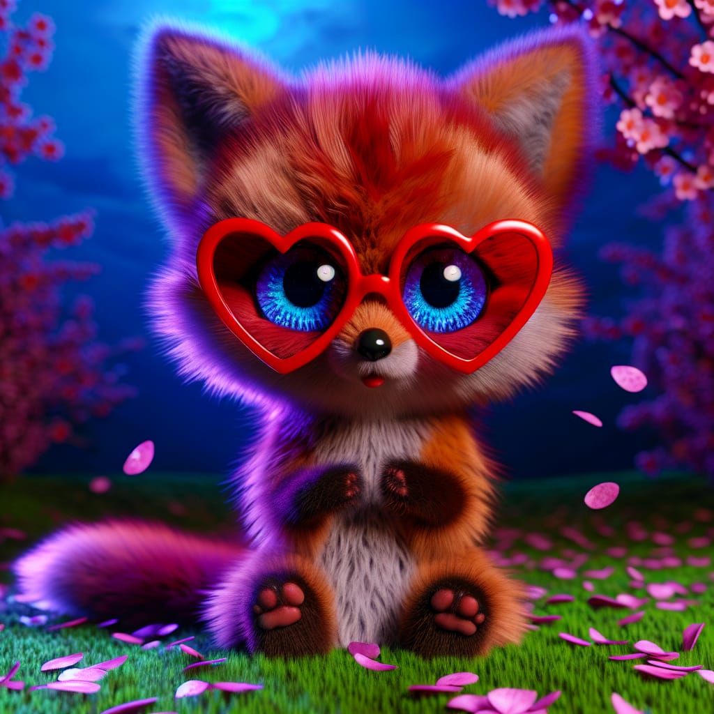 A hyper-realistic photograph of an adorable cute fox sitting on the ground, looking directly at the viewer with big whimsical, blue, express...