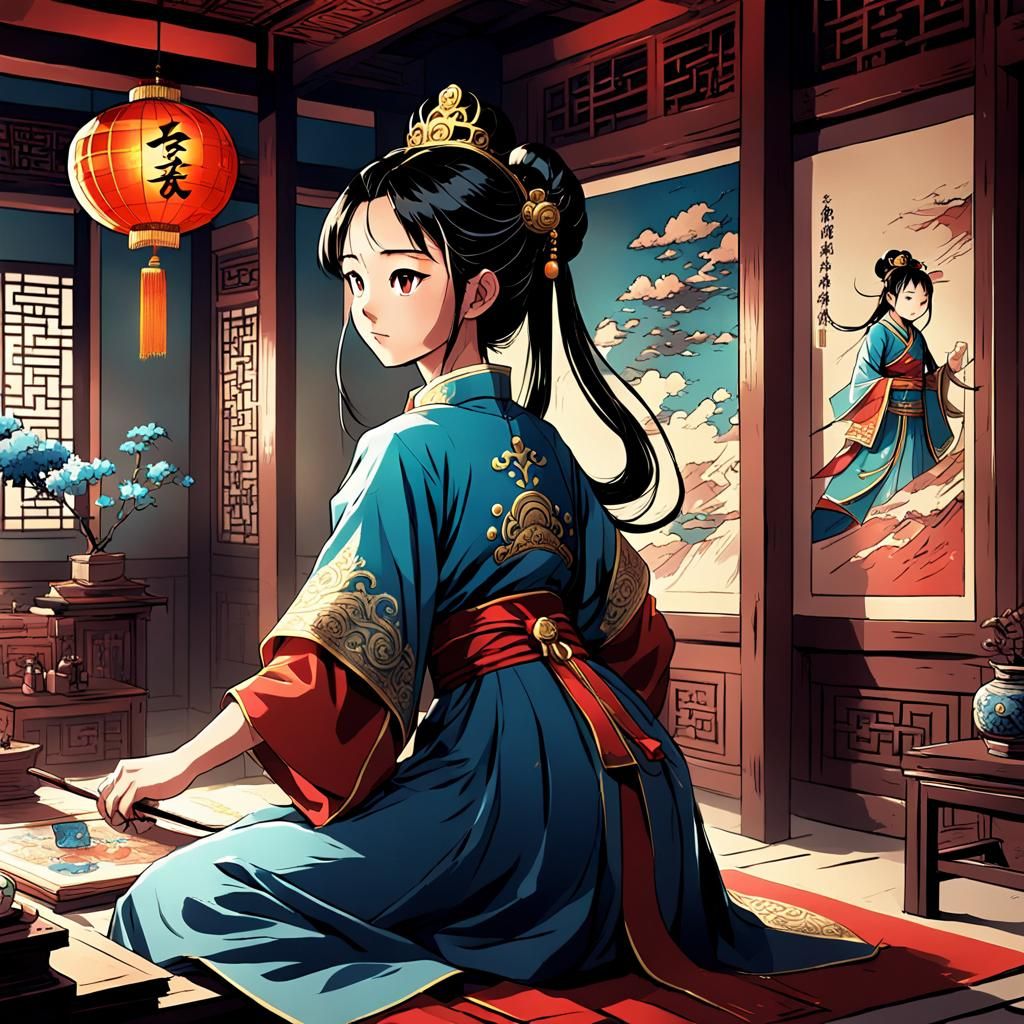 (ancient china) a (beautiful princess) painting a comic in a small room
 Masterpiece, Best Quality, flat, Manga Scan, An...