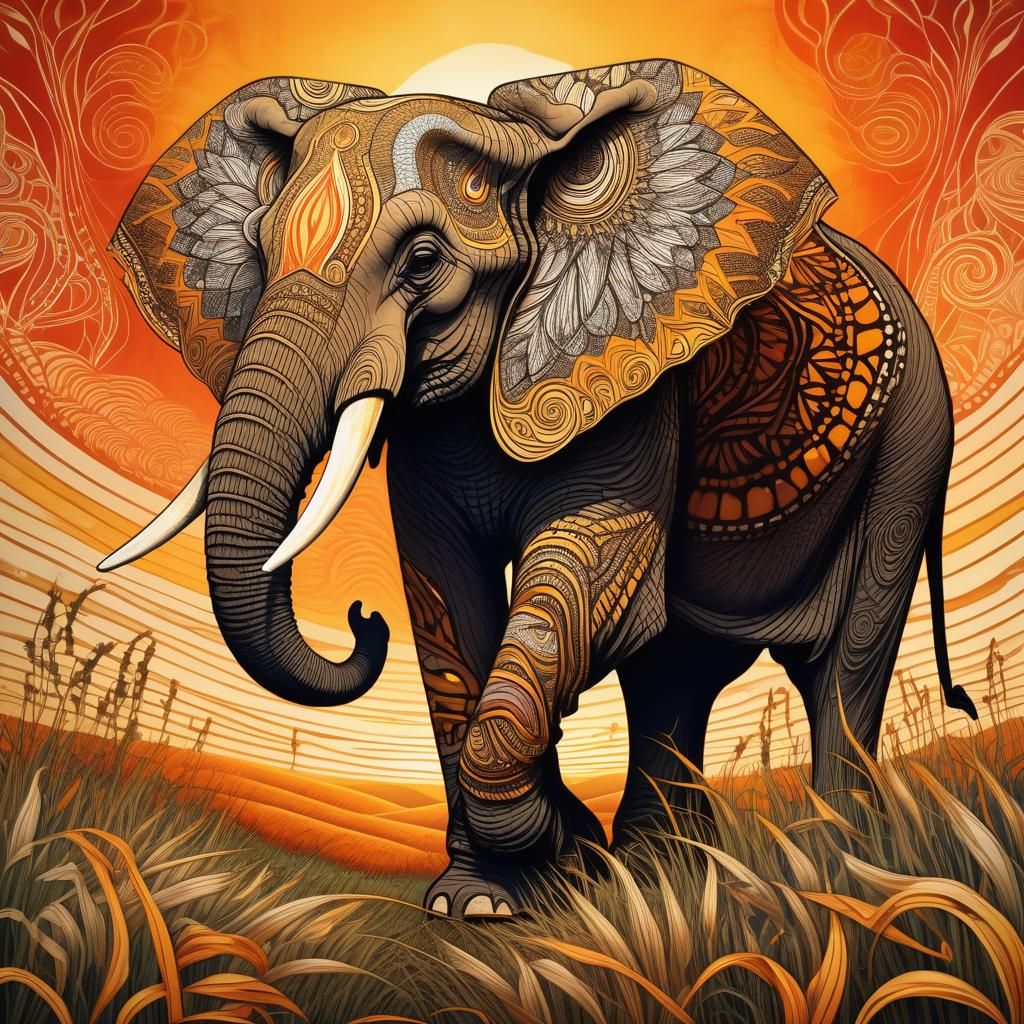 Elephant Ablaze: Zentangle-Inspired African Sunset