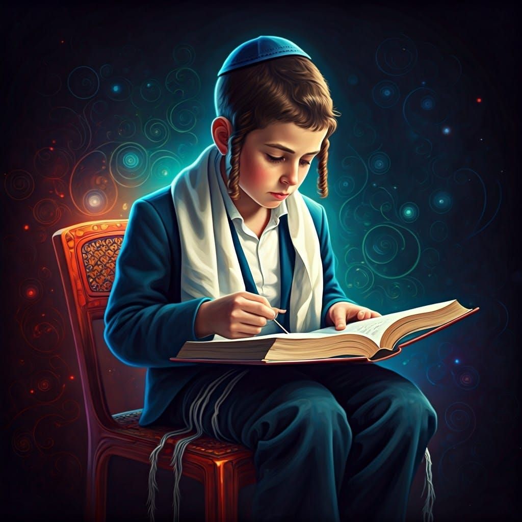 Jewish Boy Studies Torah in Vibrant Chair Under Twinkling Ne...