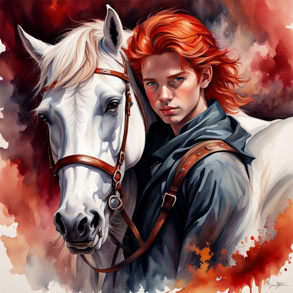 watercolor portrait of a boy with fiery red hair and a white...