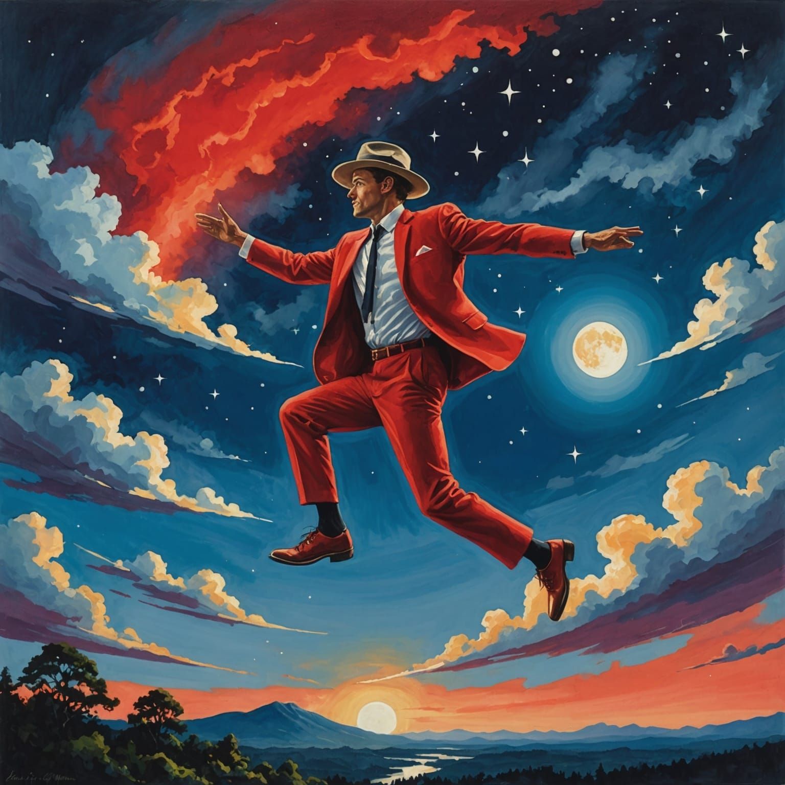 Man in Red Suit Leaps into Moonlight Sky