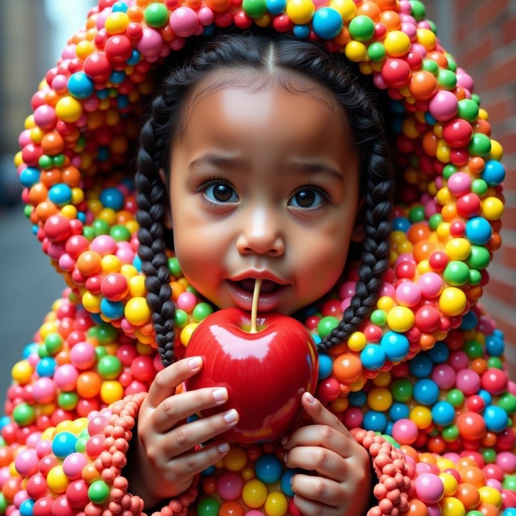<lora:Candylike:1.0>An adorable little girl with braids, and green big eyes is wearing an oversized coat made entirely of small, clustered,...