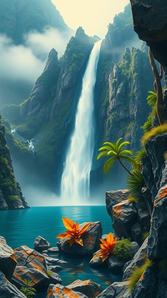 The Source of the Amazon River, a waterfall dropping from a mountain lake into a tropical lake below, impasto sci-fi stock photo Zdzisław Be...