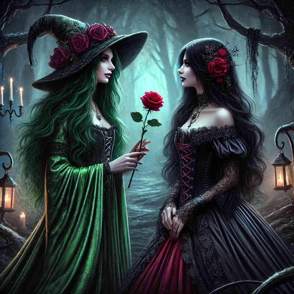 Witch offering a rose to her lover
