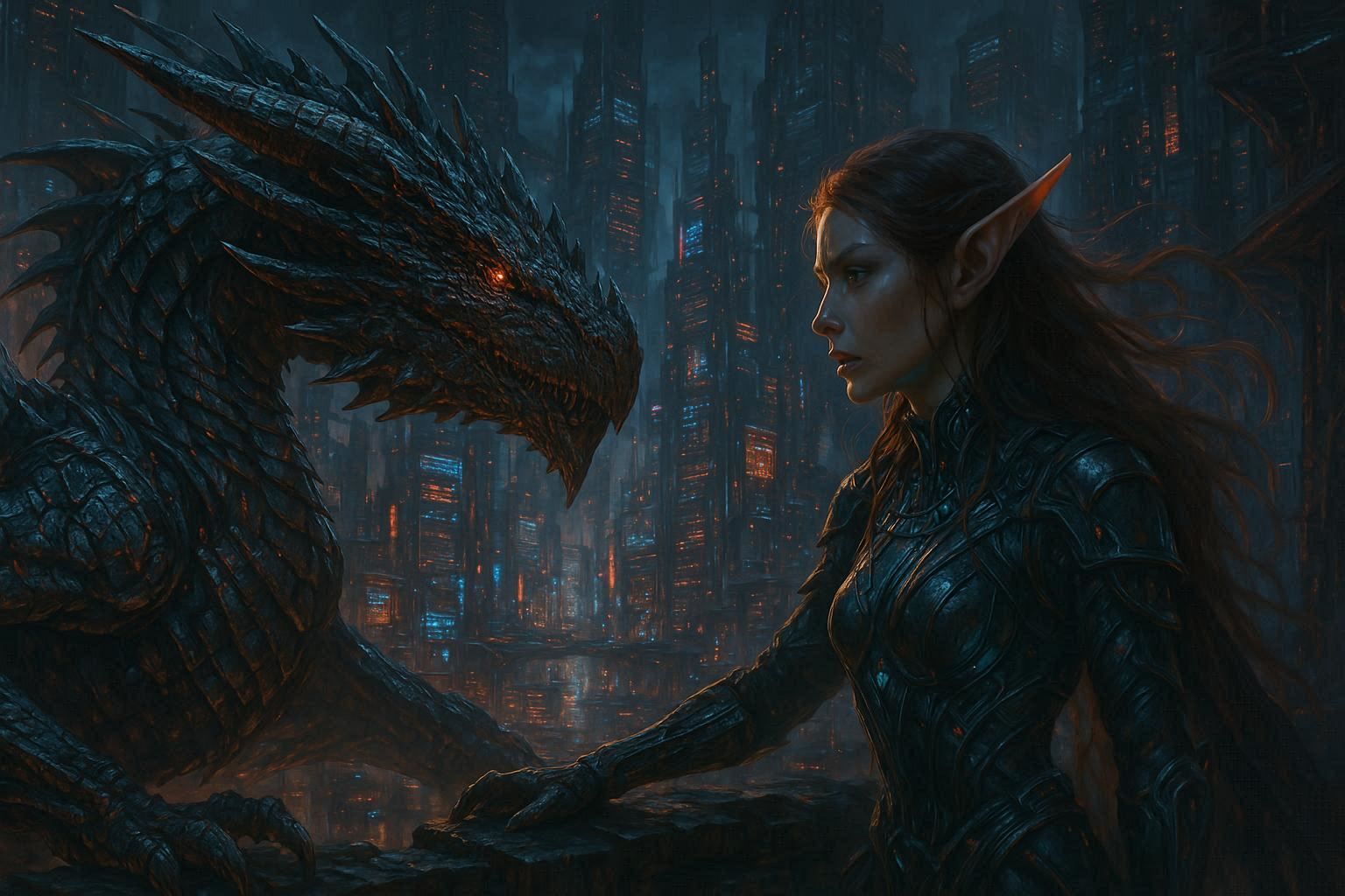 Cyberpunk dragon and elf-girl fantasy