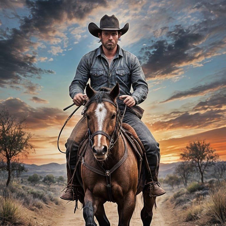 <lora:Oils and Charcoal:1.0> A cowboy riding a horse on a dusty trail at sunset 
