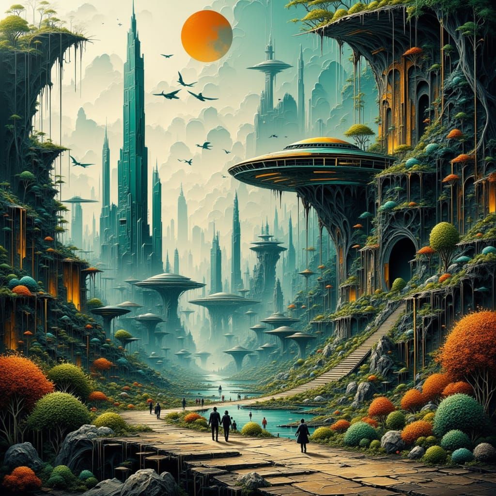 Futuristic City Meets Jungle Ruins: Digital Painting