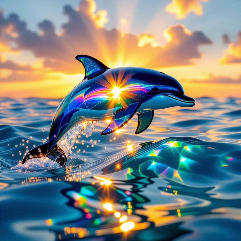 Sea Glass Dolphin Arcs Through Sunset Waves