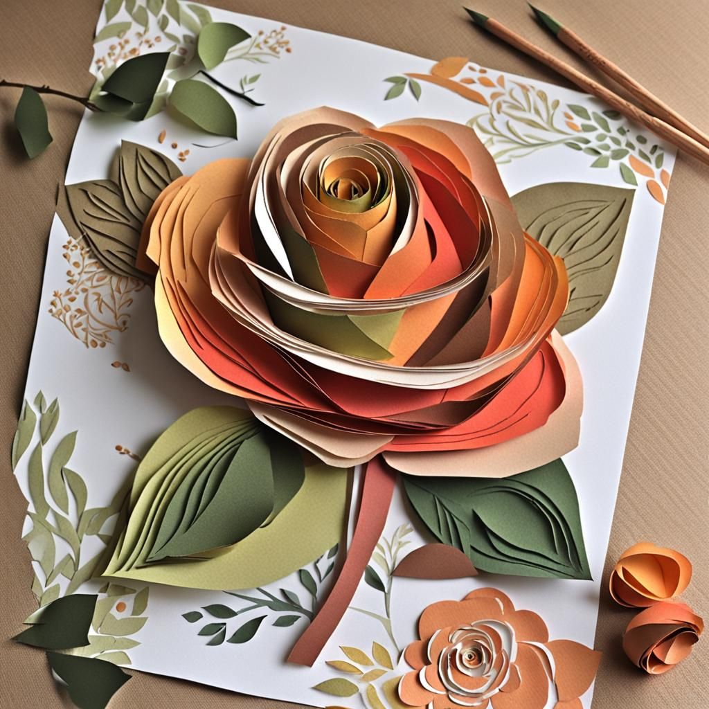 Kirigami Paper Rose in Watercolor Dyed Paper
