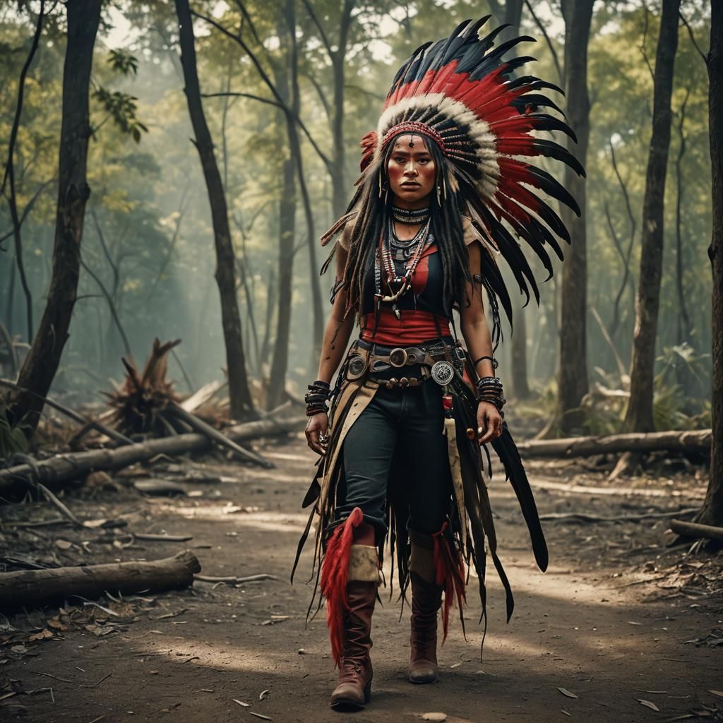 illusion of a indigenous girl in 100 years later, with a red...