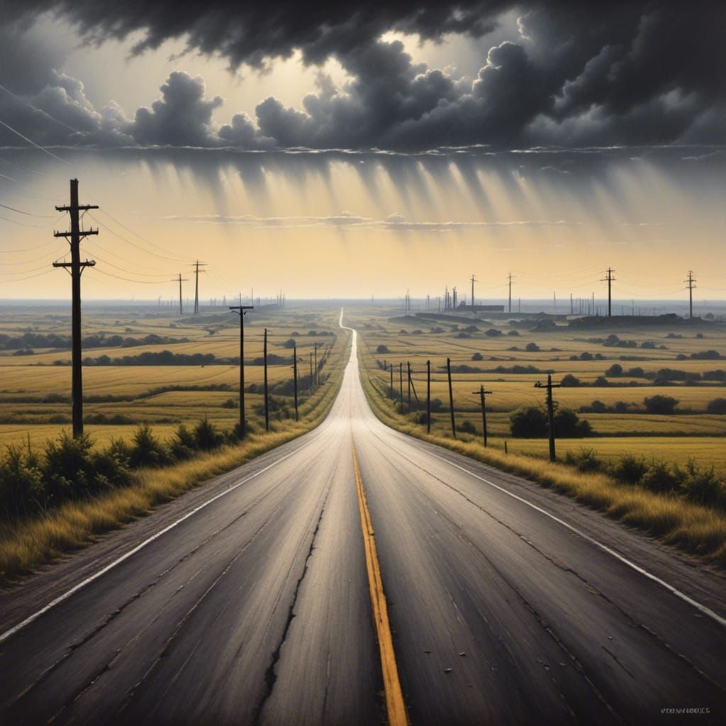 <lora:Pencil and Charcoal:1.0> A long, desolate road stretching into the horizon, with telephone poles lining the sides. The landscape aroun...