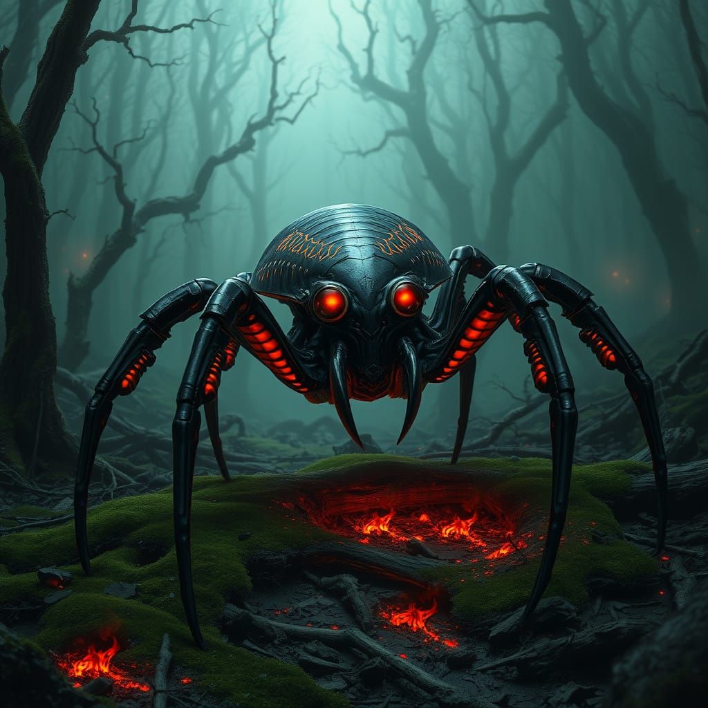 Cyberpunk Alien Spider in Dystopian Forest