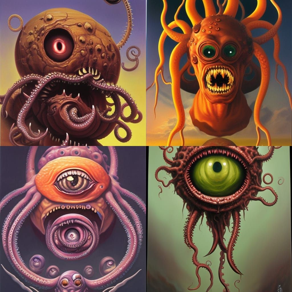 D&D Beholder, Large central eye above a fanged open mouth, writhing ...