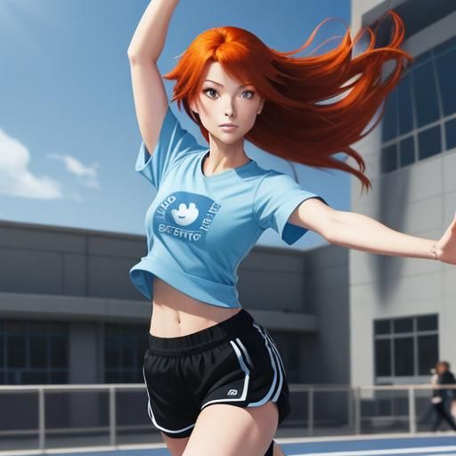 Cute redhead girl in school (oversized blue t-shirt with bla...