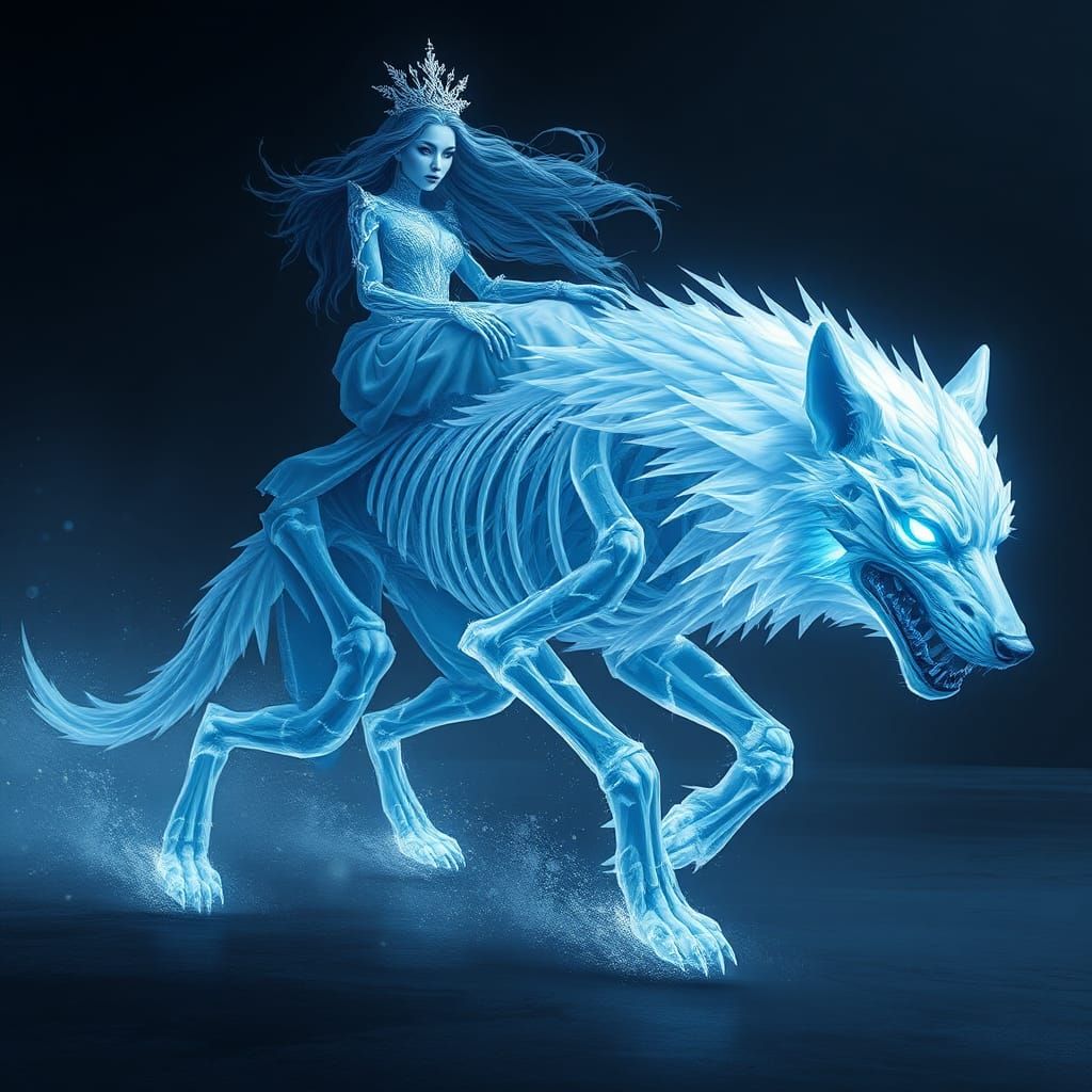 Ice Witch on Spectral Wolf in Fantasy Realm
