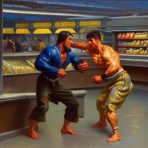two wrestlers fighting at the grocery store