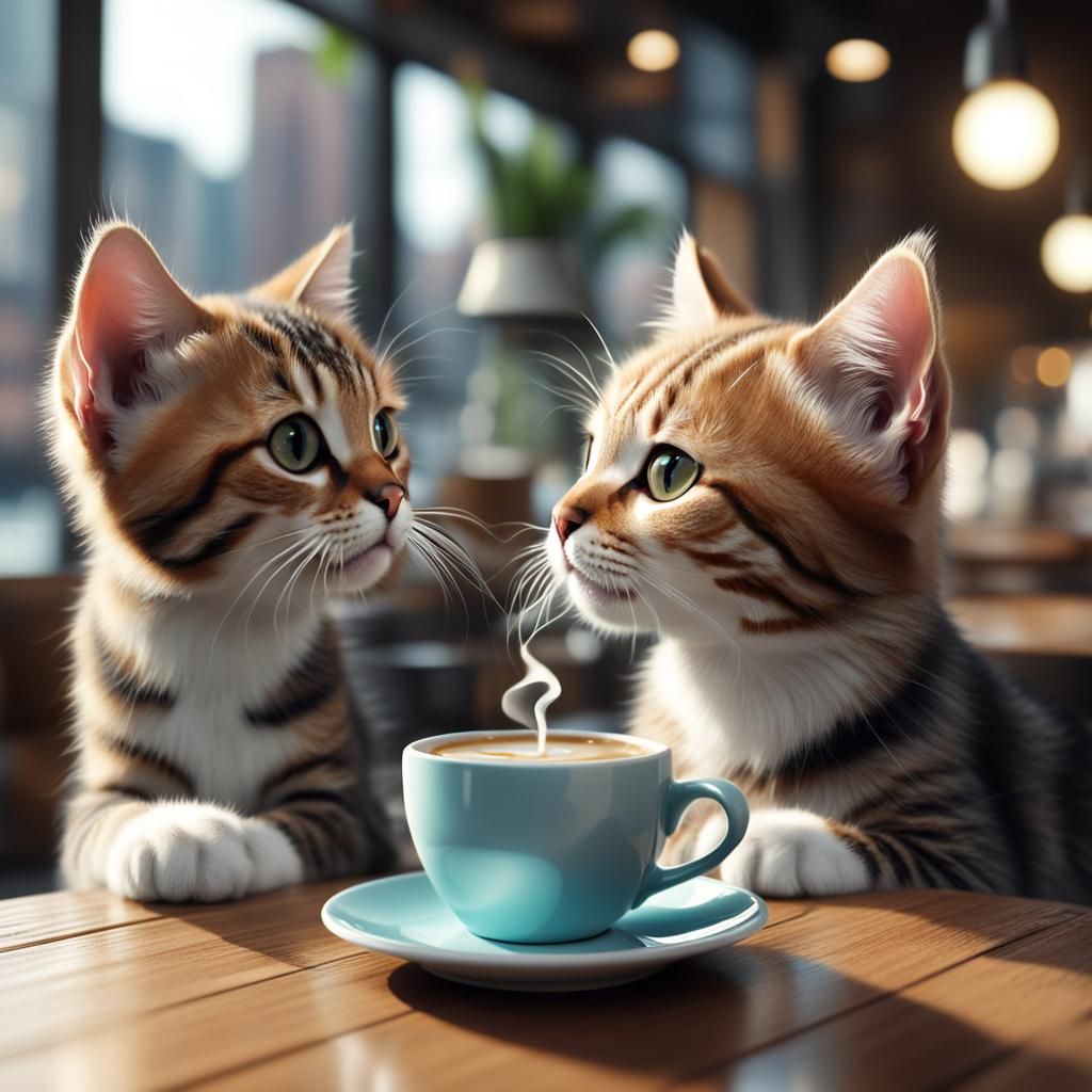 Kitten Cat talking to other kitten cat drink coffee on cafe ...