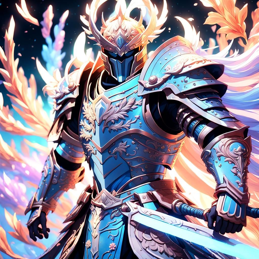 Heroic Warrior Surrounded by Ethereal Petals in Anime 3D