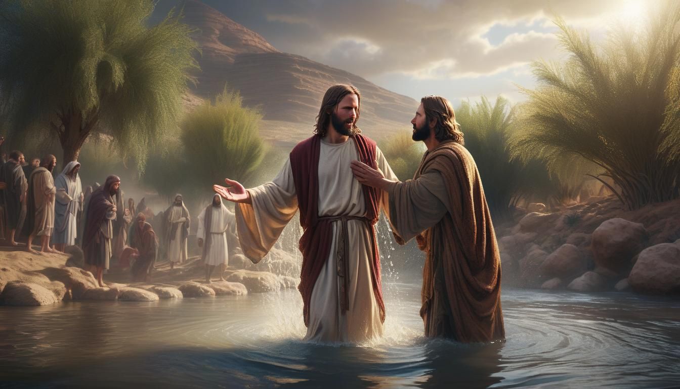 John Baptizing Christ In Jordan River Matthew 3 13 17 AI Generated john-baptizing-christ-in-jordan-river-matthew-3-13-17-ai-generated