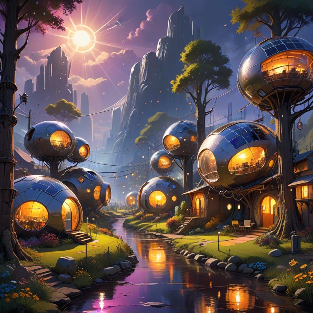 Solarpunk pod village, solar intensity, integtrated tech networks, park-like setting, intense dramatic ...  by @MrKitWalker