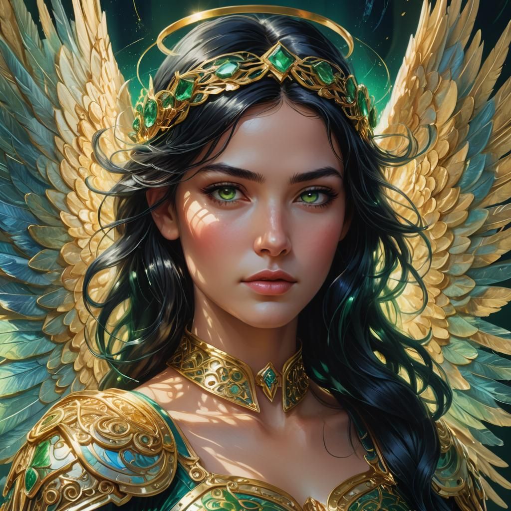 A beautiful angel with black hair and green eyes