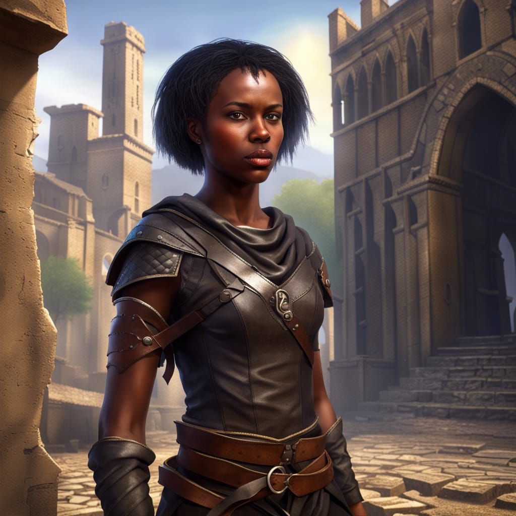 Young black woman dressed for trouble as she explores a ruined city ...