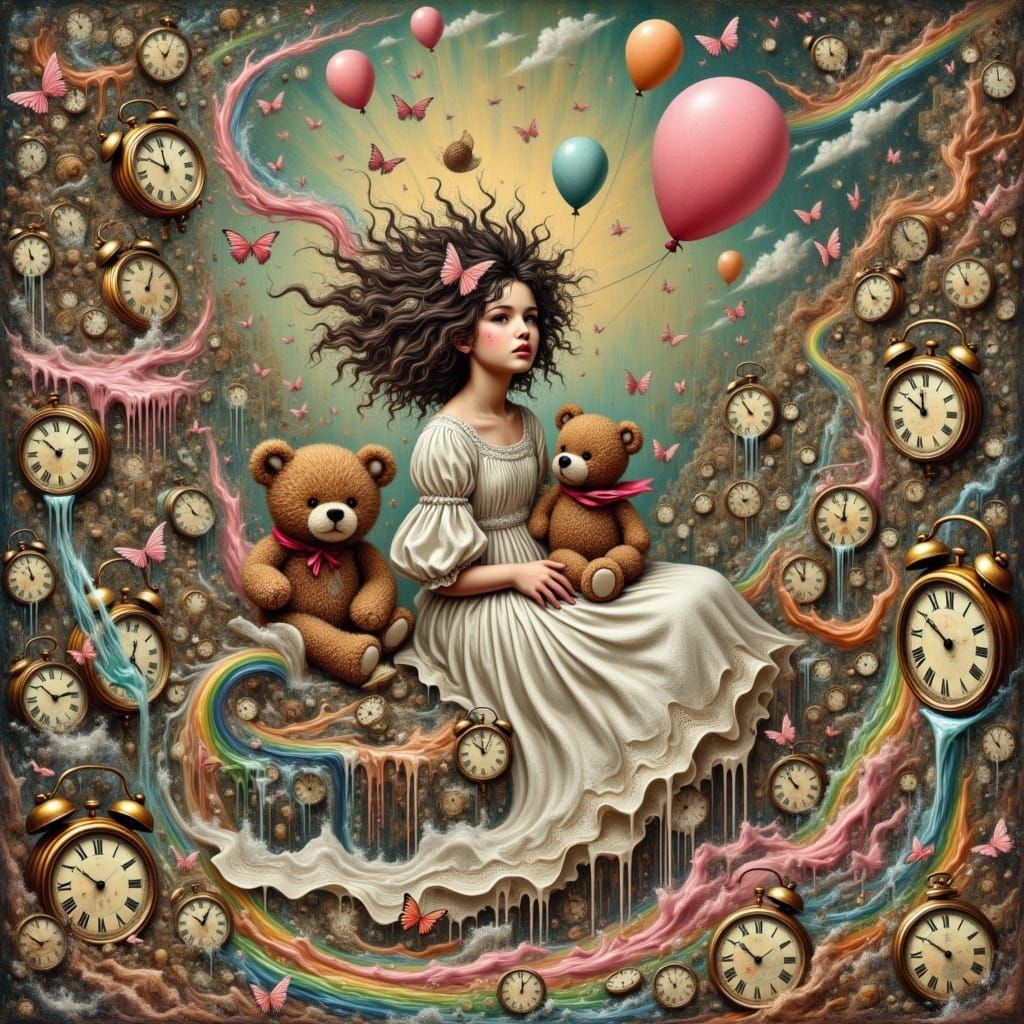 <lora:KakSurrealChaos:1.0>A surrealistic little girl hugging a teddy bear, sitting on the floor made entirely of melting clocks, chaotic but...