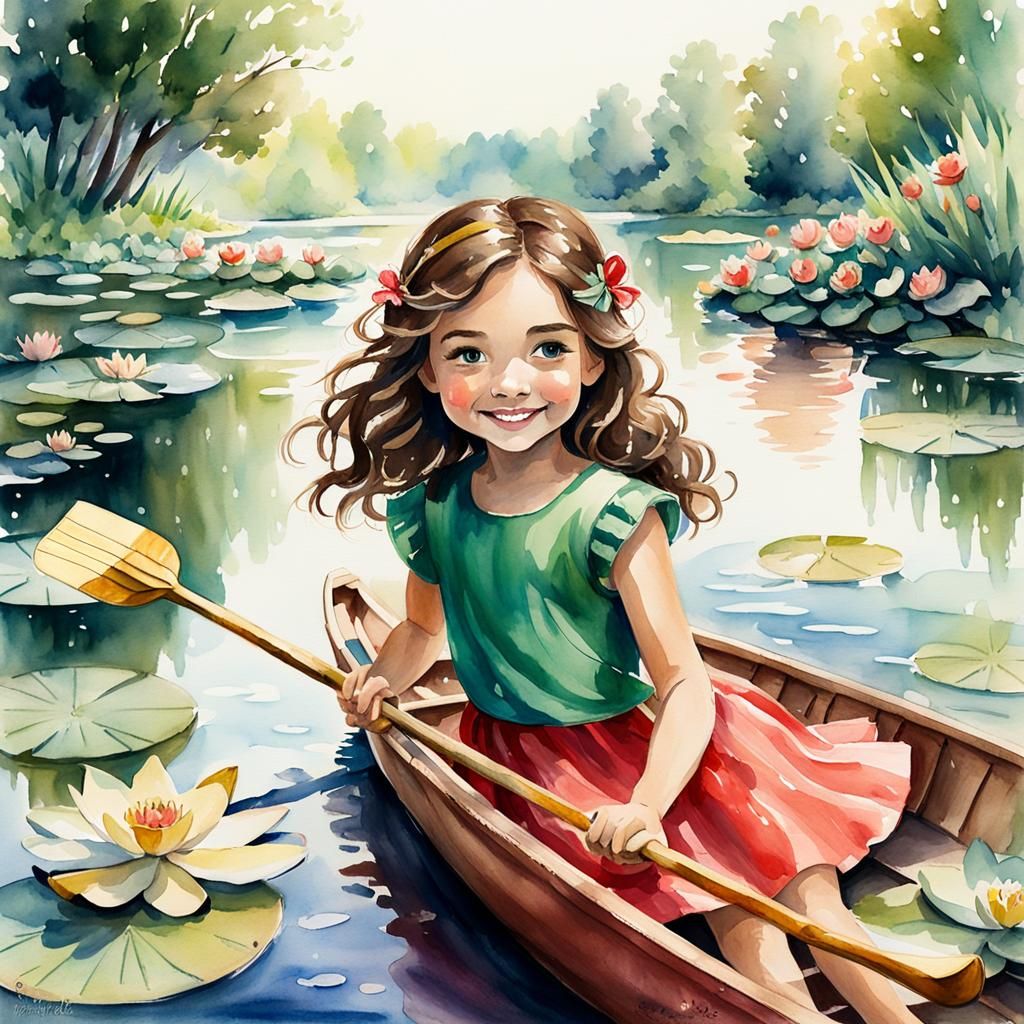 Whimsical Watercolor Girl in a River Landscape