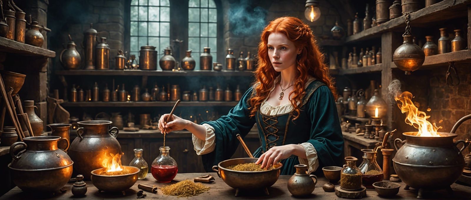 beautiful red head women wizard in a medieval alchemist's laboratory, with bubbling cauldrons, swirling ...  by @Yui