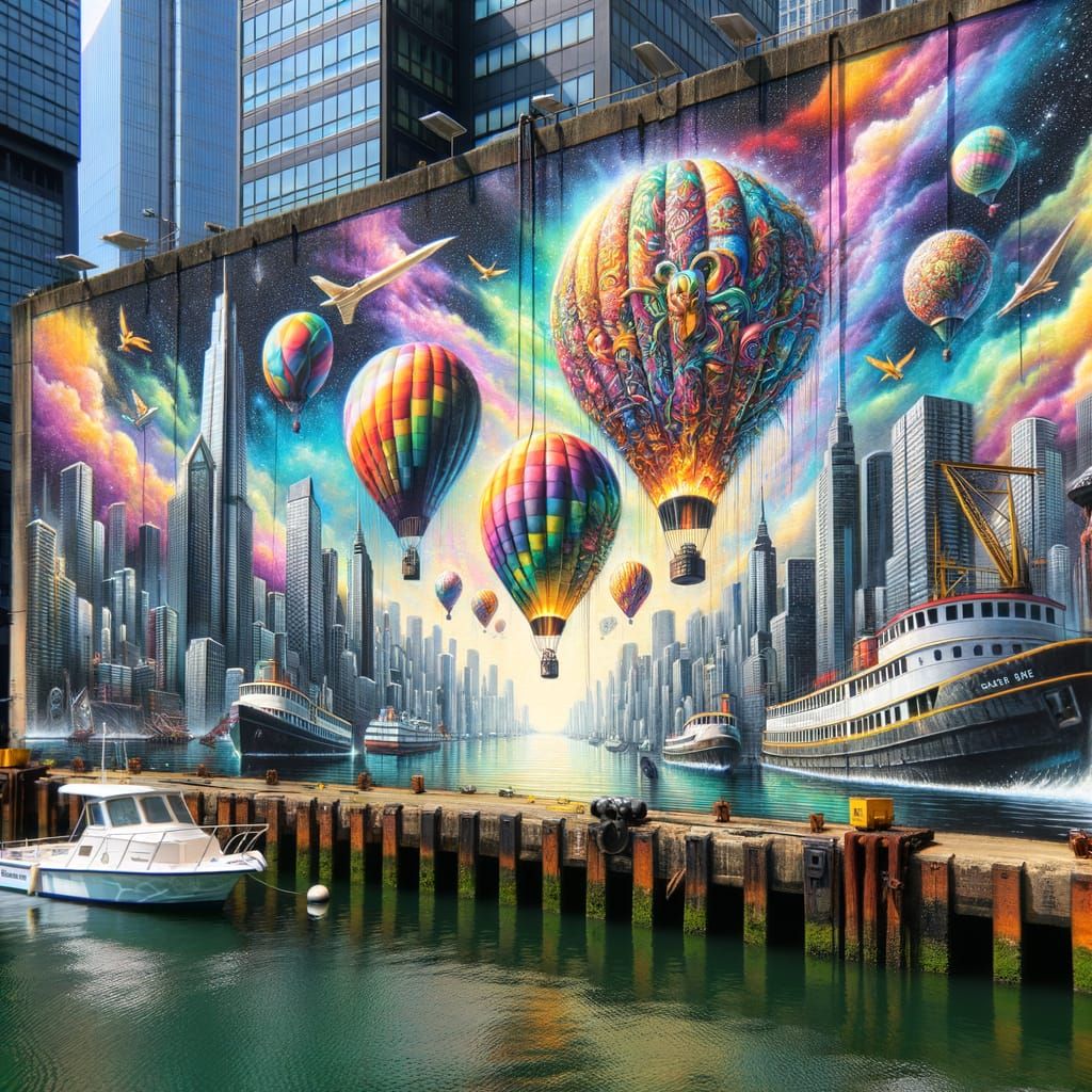 Spray-painted graffiti mural, hot air ballons