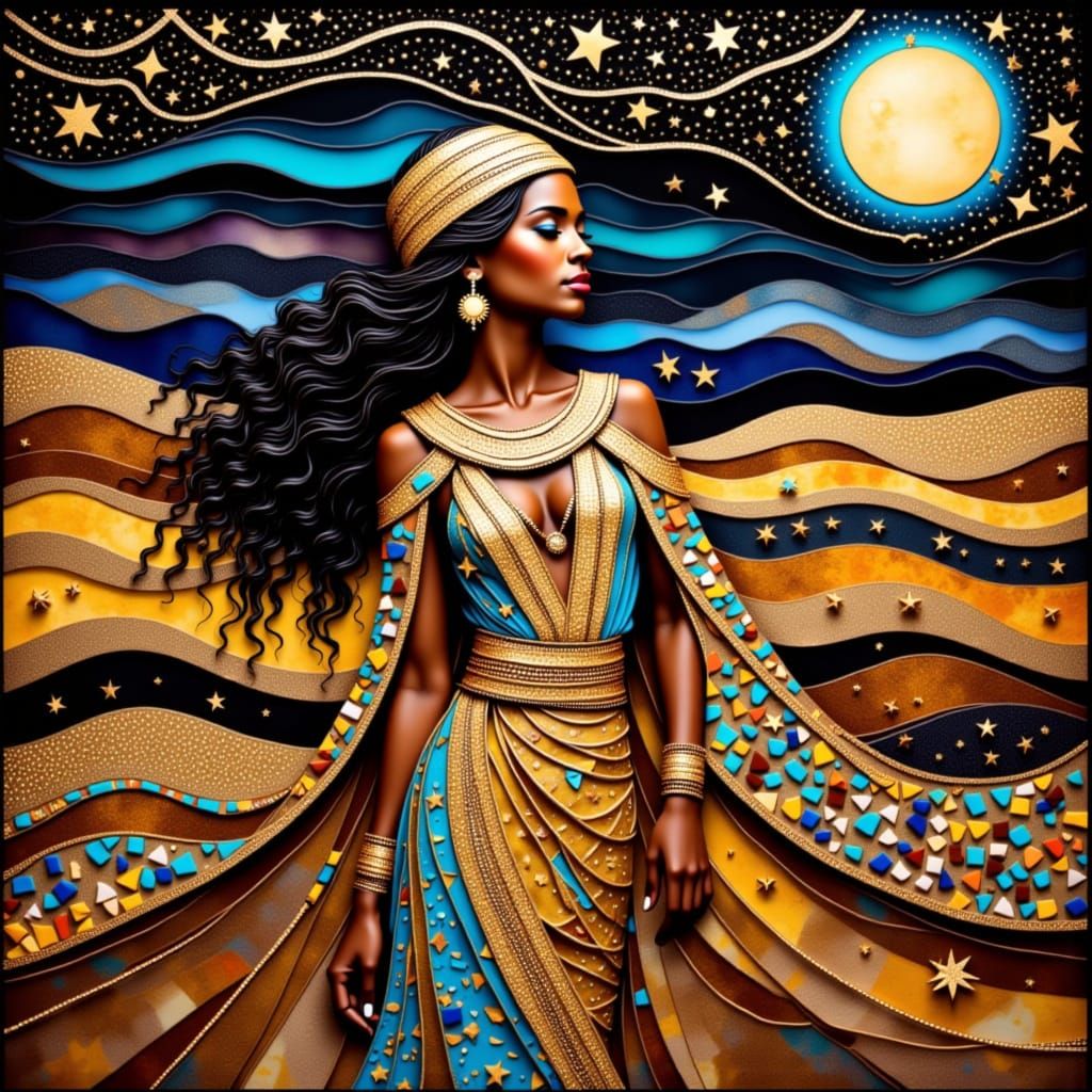 <lora:Art Duced:1.0> Mosaic Organic Composition African Queen Moonlight Fantasy Stardust Gustav Klimt