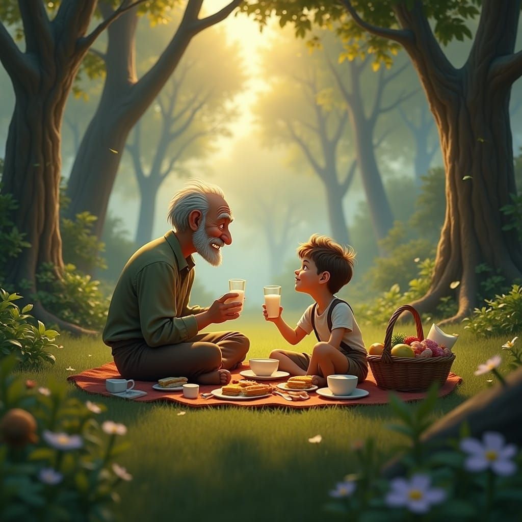 Grandfather and Grandson Enjoy a Whimsical Picnic in the Enc...