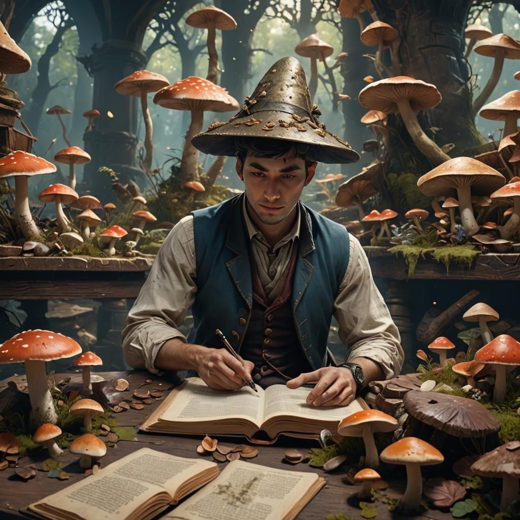 Dnd, One Young Man, wearing conical hat, wearing waistcoat, studying from a book, mushrooms scattered on a table