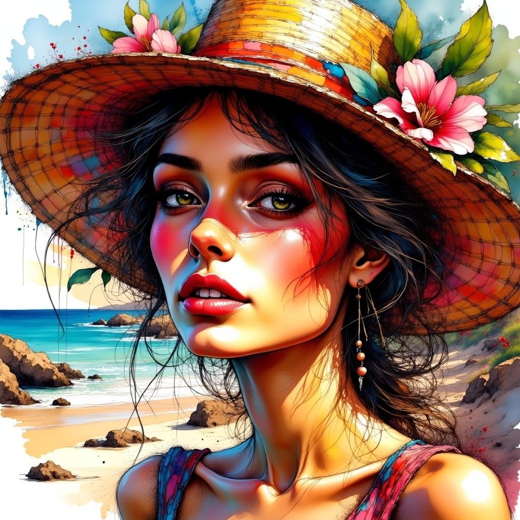 <lora:Ink:1.0> Coloured Ink, strong lines and strokes, crosshatching, scratchy. Beautiful portrait woman wearing a straw hat. Hyper detailed...